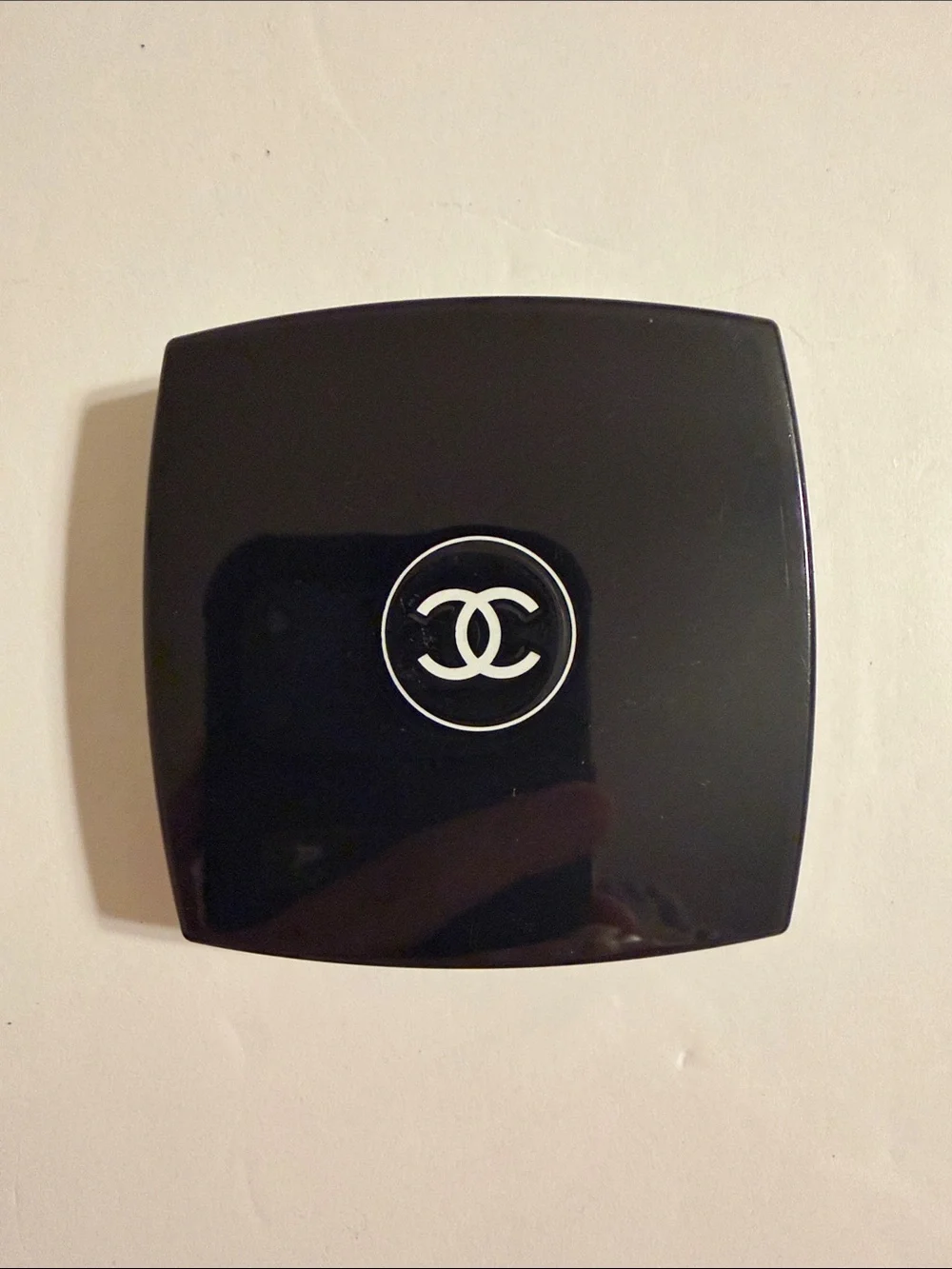 CHANEL Black Glossy Compact Powder Blush Case with White CC Emblem